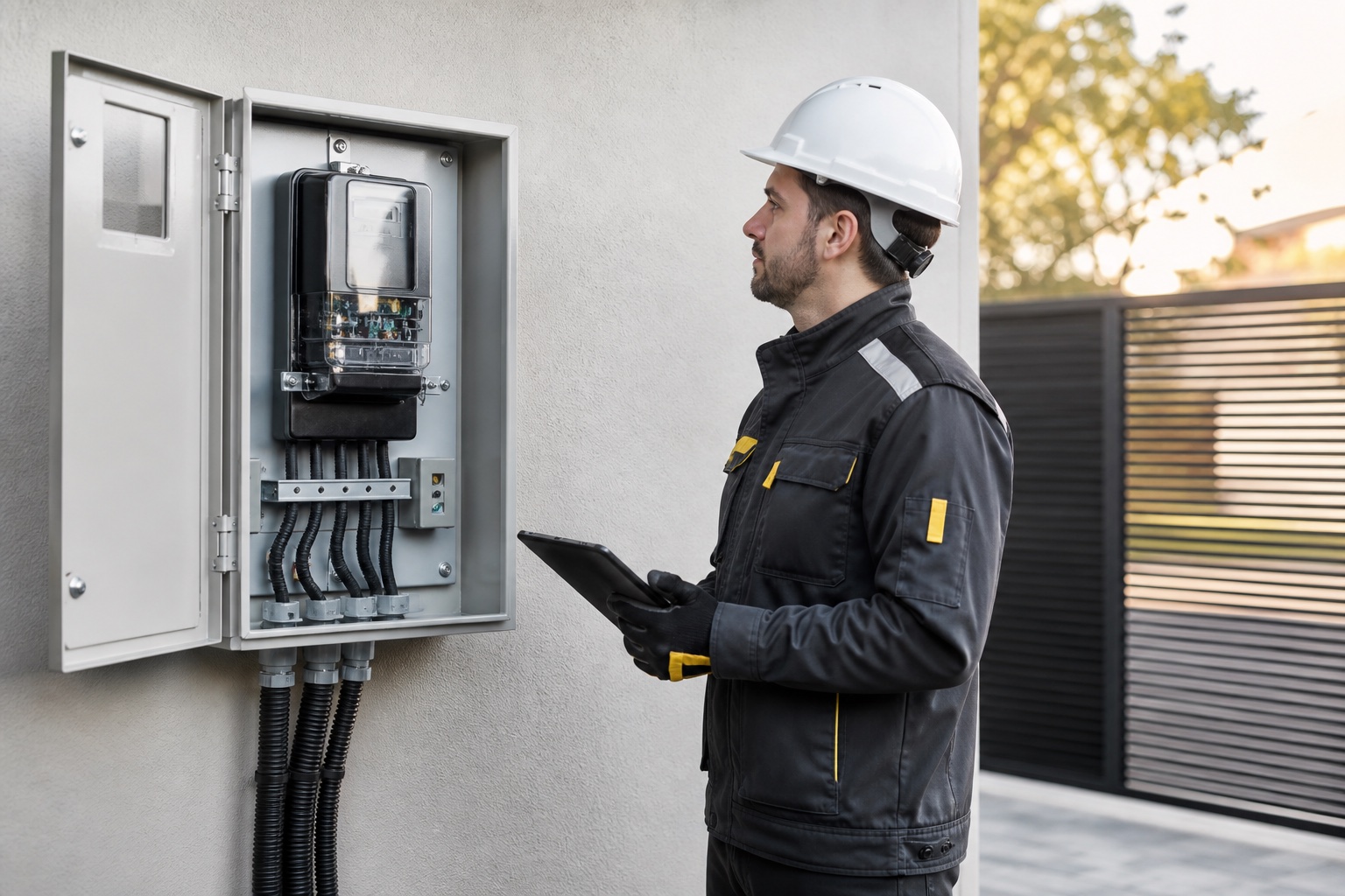 Electricista revisando un medidor eléctrico en una instalación segura