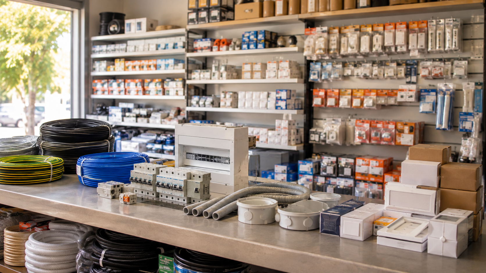 Materiales eléctricos organizados en un comercio de General Las Heras