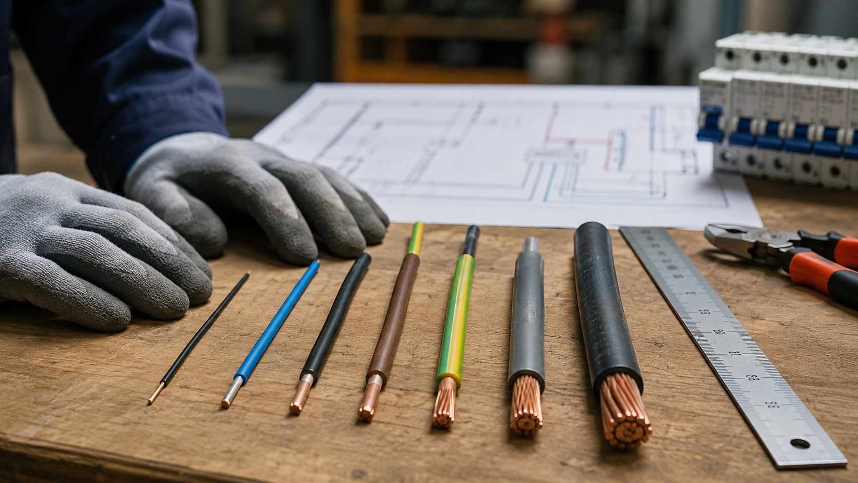 Cables eléctricos de distintas secciones en una mesa de trabajo